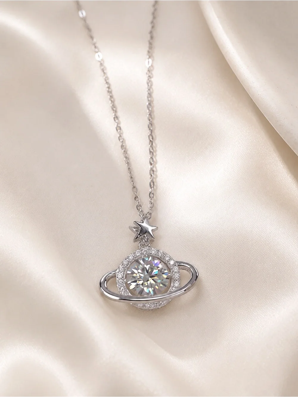 925 Sterling Silver Saturn Planet Pendant Necklace Zircon